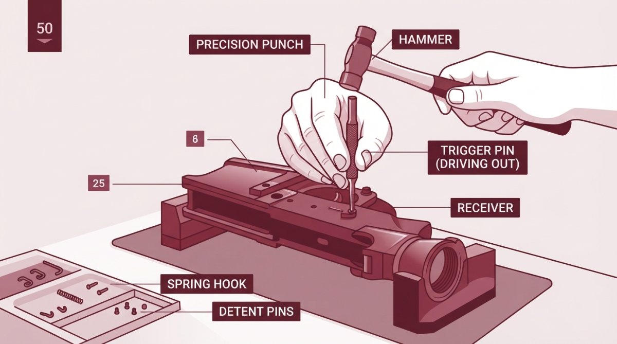 Hands using precision punch and hammer to carefully drive out trigger pin from firearm lower receiver, showing proper hand positioning and control, with spring hook and detent pins visible on workbench