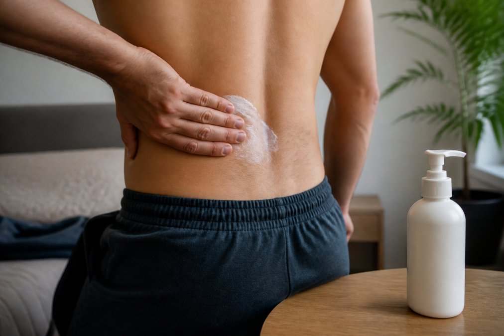Diagram showing the process of applying topical lotion to the lower back to target localized pain relief