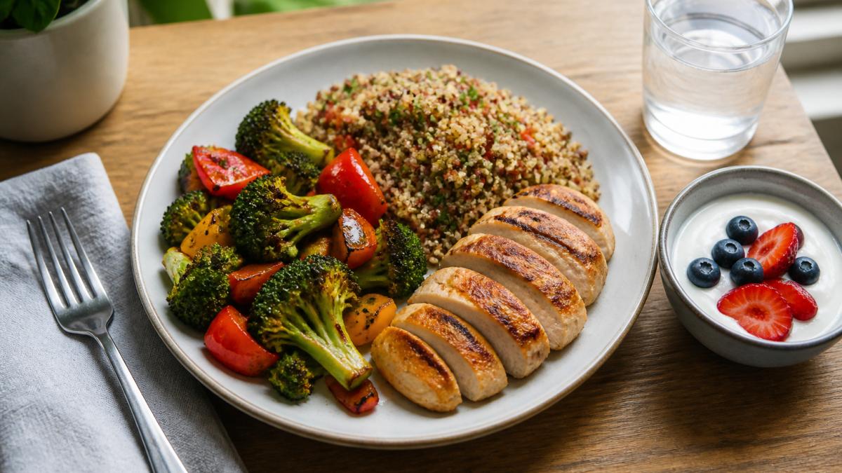 Colorful plate featuring grilled chicken breast, quinoa pilaf, roasted broccoli and bell peppers, with a side of Greek yogurt and fresh berries, photographed from above with natural window lighting
