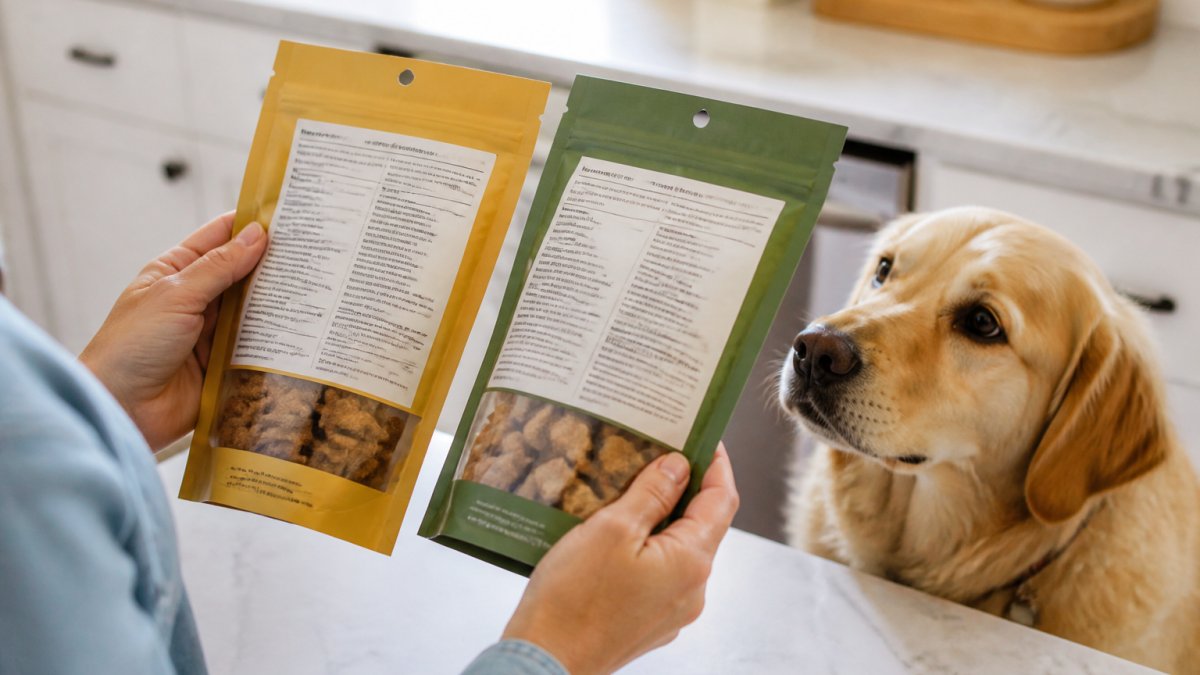 Close-up of a dog owner's hands holding two different dog treat bags side by side, reading the ingredient panels in a bright kitchen