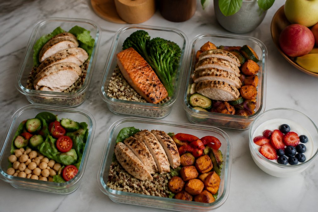 Overhead shot of a neatly arranged meal prep setup on a kitchen counter, featuring several glass containers filled with grilled chicken, salmon, quinoa, roasted vegetables, and leafy greens, with a small bowl of Greek yogurt and berries nearby