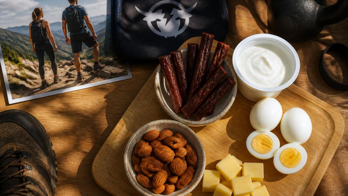 Overhead flat-lay of diverse high-protein snacks including beef jerky sticks, Greek yogurt cup, handful of almonds, cheese cubes, and hard-boiled eggs on a wooden surface with natural sunlight
