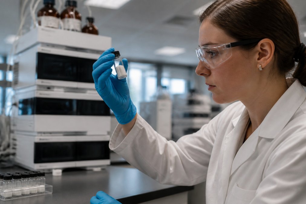 Laboratory researcher in white coat and nitrile gloves examining a small glass vial of white lyophilized powder under bright benchtop lighting, HPLC instrument visible in background