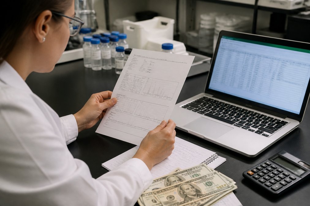 Researcher reviewing a certificate of analysis and peptide pricing analysis spreadsheet in a laboratory setting