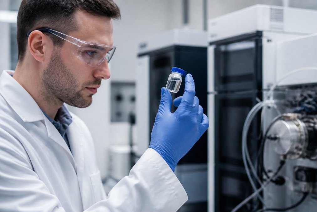 Close-up of a researcher examining a clear peptide sample vial under laboratory lighting, with HPLC and mass spectrometry equipment visible in the background