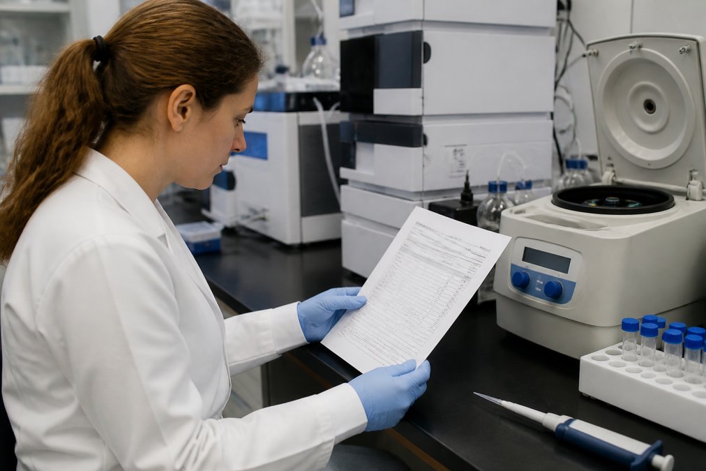 A researcher in a white lab coat reviewing a Certificate of Analysis document at a workstation, with laboratory instruments including centrifuges and analytical equipment visible in the background