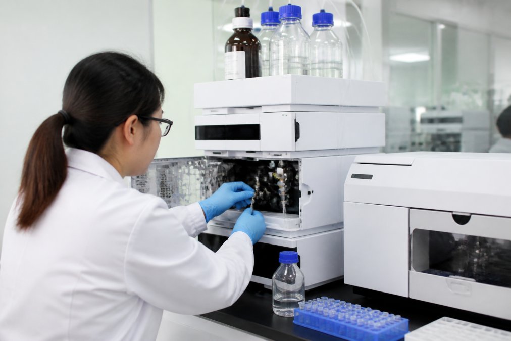 Laboratory technician operating high-performance liquid chromatography equipment, examining peptide samples in analytical instruments with precise digital displays and controlled laboratory environment