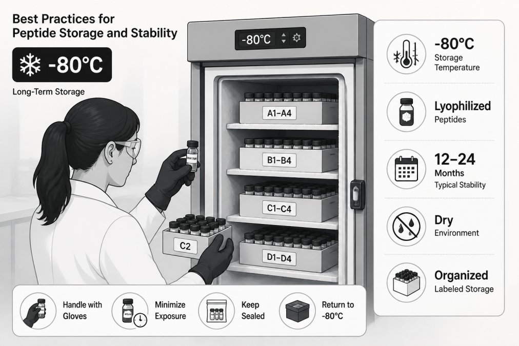 Researcher handling lyophilised peptide vials in a minus-80 degrees Celsius freezer unit, demonstrating proper storage technique with protective gloves and organised storage containers in controlled laboratory environment