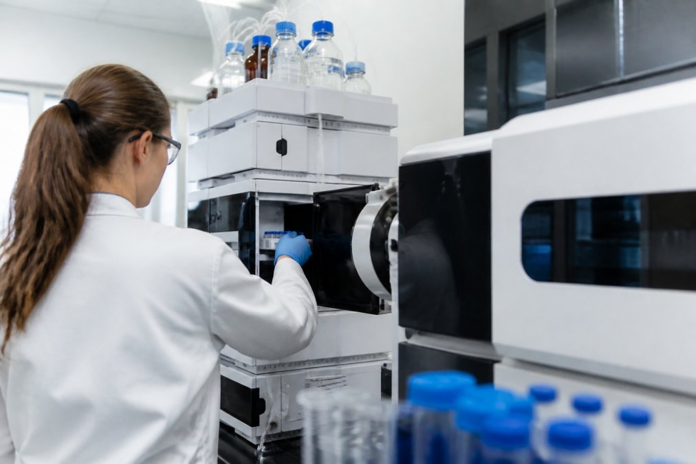 Laboratory technician operating an HPLC instrument with a computer monitor displaying chromatography data and sample vials in a modern research facility with white walls and bright overhead lighting