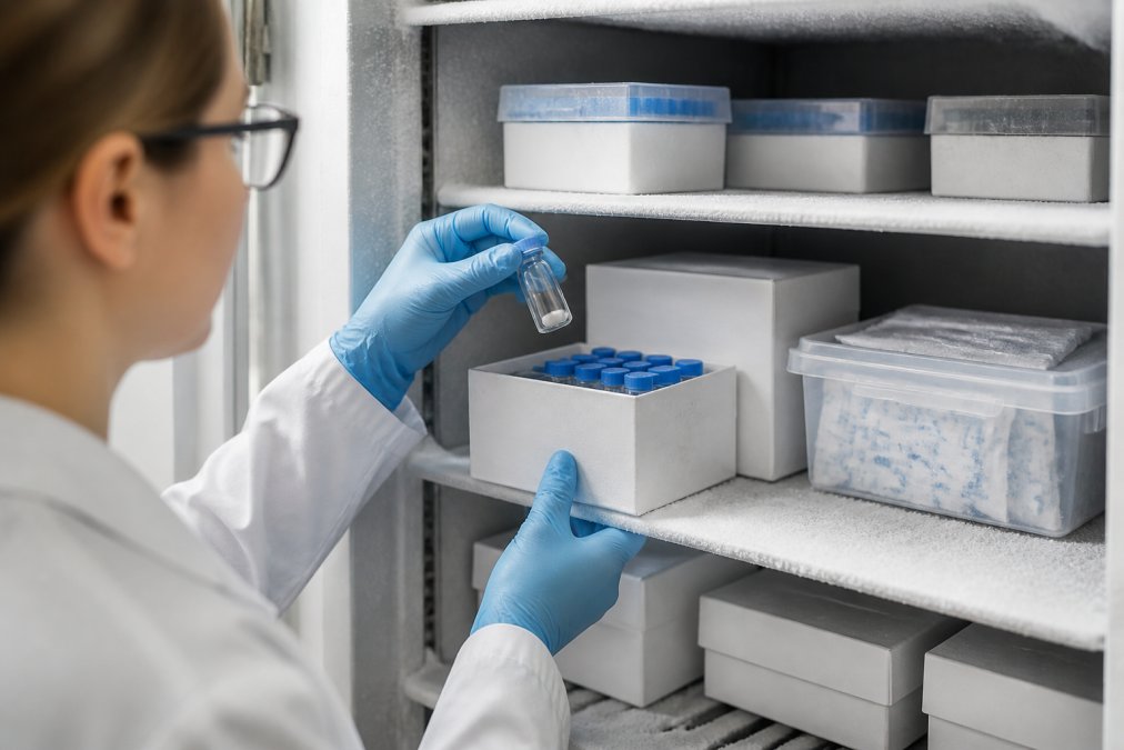 Researcher carefully handling lyophilized peptide vials in a laboratory ultra-low freezer with proper storage containers, desiccant packets, and organized labeling visible on frosted glass shelves