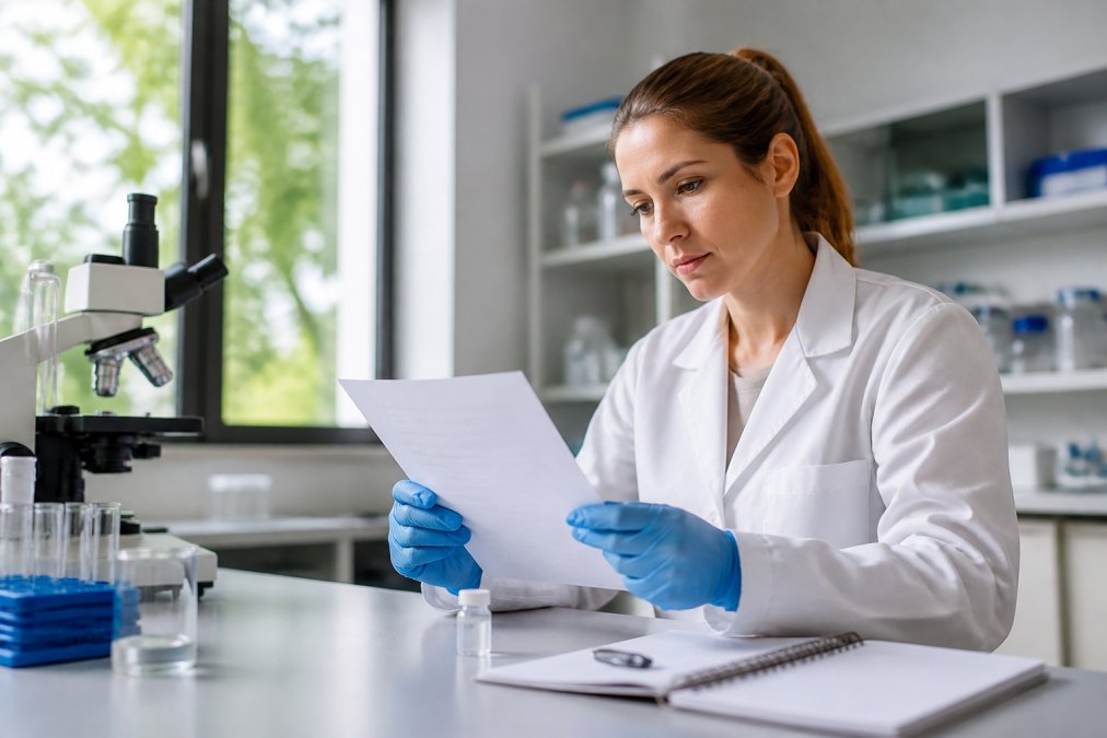 Professional researcher in white lab coat examining a printed certificate of analysis document at a clean laboratory bench with a peptide vial and notebook nearby, natural lighting from window