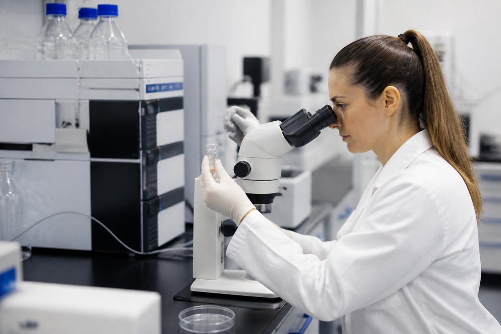 Laboratory technician in white coat and gloves examining a clear peptide sample vial under a microscope, with HPLC equipment and analytical instruments visible on the bench behind them in a bright, modern lab setting