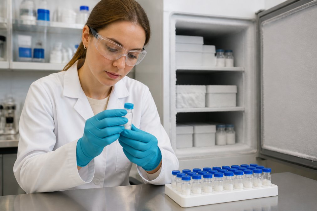 Professional researcher carefully handling lyophilized peptide vials in a controlled laboratory environment with a freezer unit visible in the background, wearing protective gloves and working at a clean bench