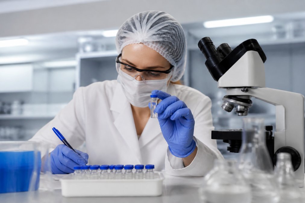 Laboratory technician examining peptide samples with testing equipment while wearing protective gear, demonstrating quality control procedures in a modern research facility