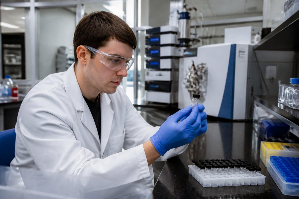 Laboratory technician in white coat examining multiple peptide sample vials under bright analytical lighting, with HPLC and mass spectrometry equipment visible in the background of a modern research facility