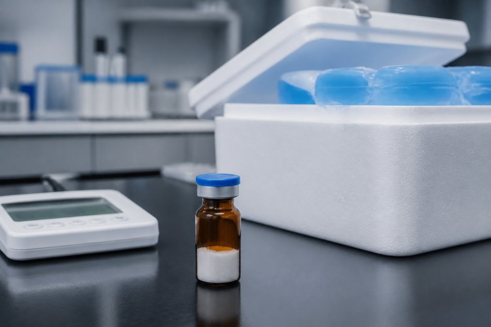 Close-up of sealed amber peptide vial containing lyophilized powder, positioned next to temperature monitoring equipment and insulated cold-storage shipping containers with dry ice, in a laboratory setting