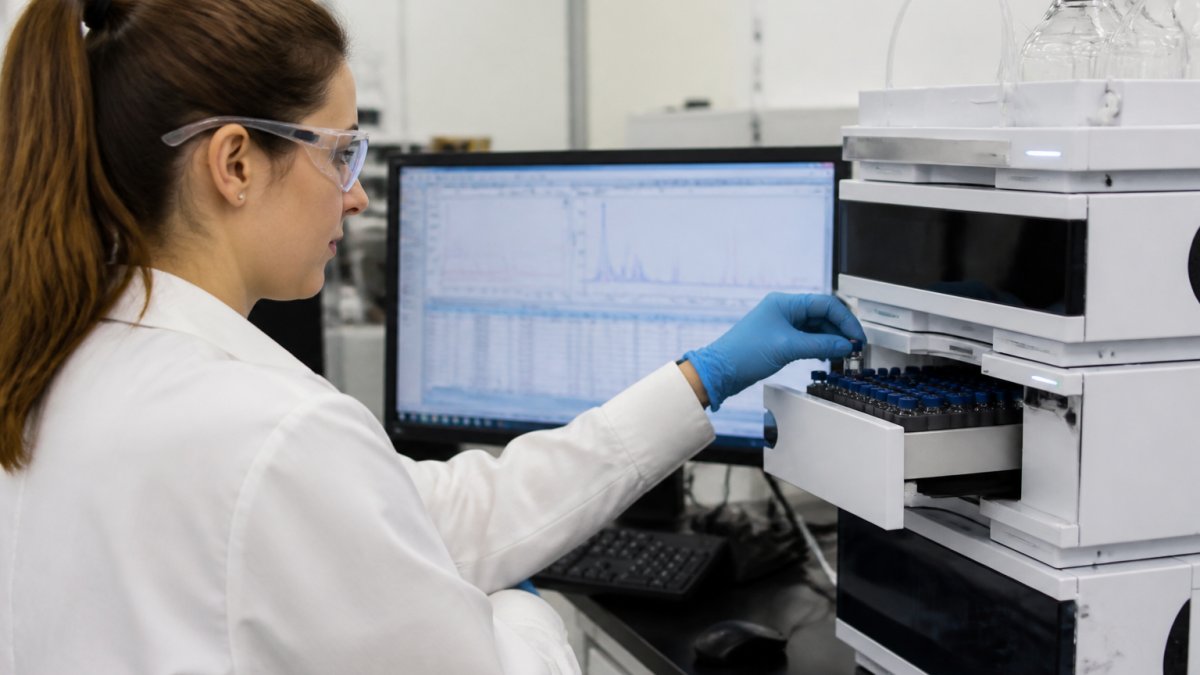 Laboratory technician examining peptide samples on HPLC equipment with computer display showing analytical results and chromatogram data in modern research facility
