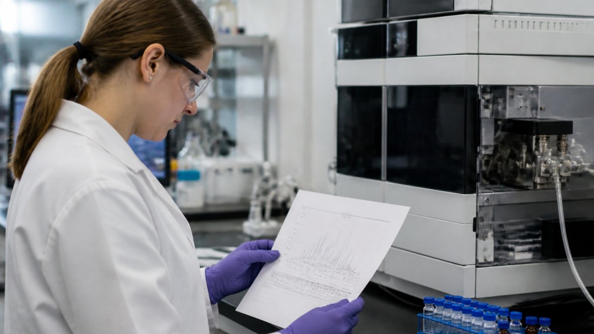 Researcher analyzing HPLC chromatograms to verify high purity semaglutide for research in a clean laboratory.