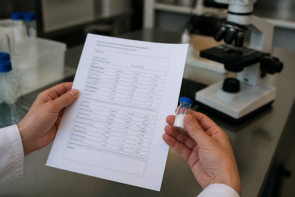 Close-up of a researcher's hands holding a printed Certificate of Analysis document next to a laboratory vial of lyophilized powder, with a microscope blurred in the background