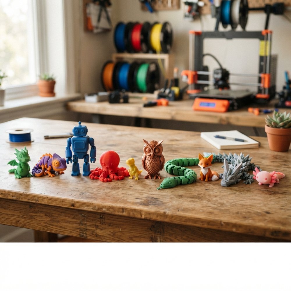 All 10 desk buddies arranged together on a natural wood desk surface, showcasing size variations and vibrant color details under warm office lighting