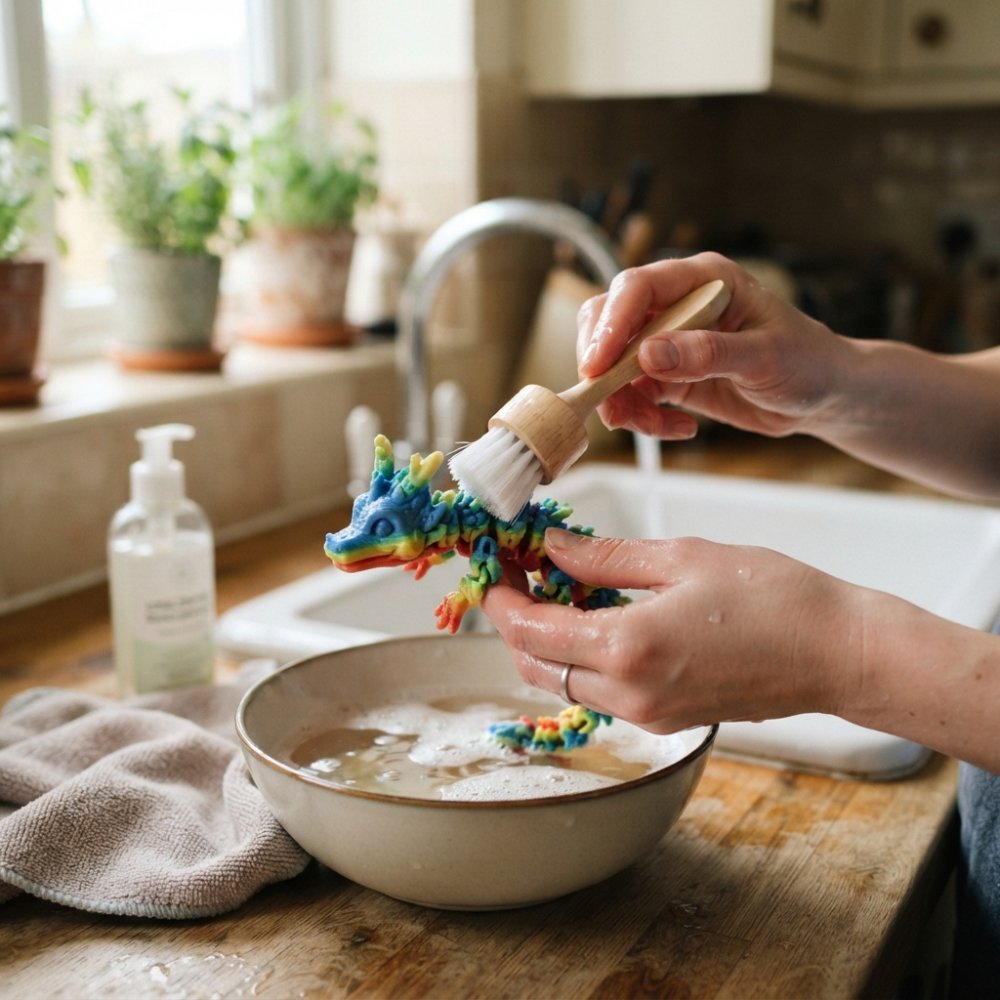 Close-up of hands gently cleaning a colorful 3D printed desk buddy with a soft-bristled brush near warm soapy water, showing proper care technique in natural kitchen lighting