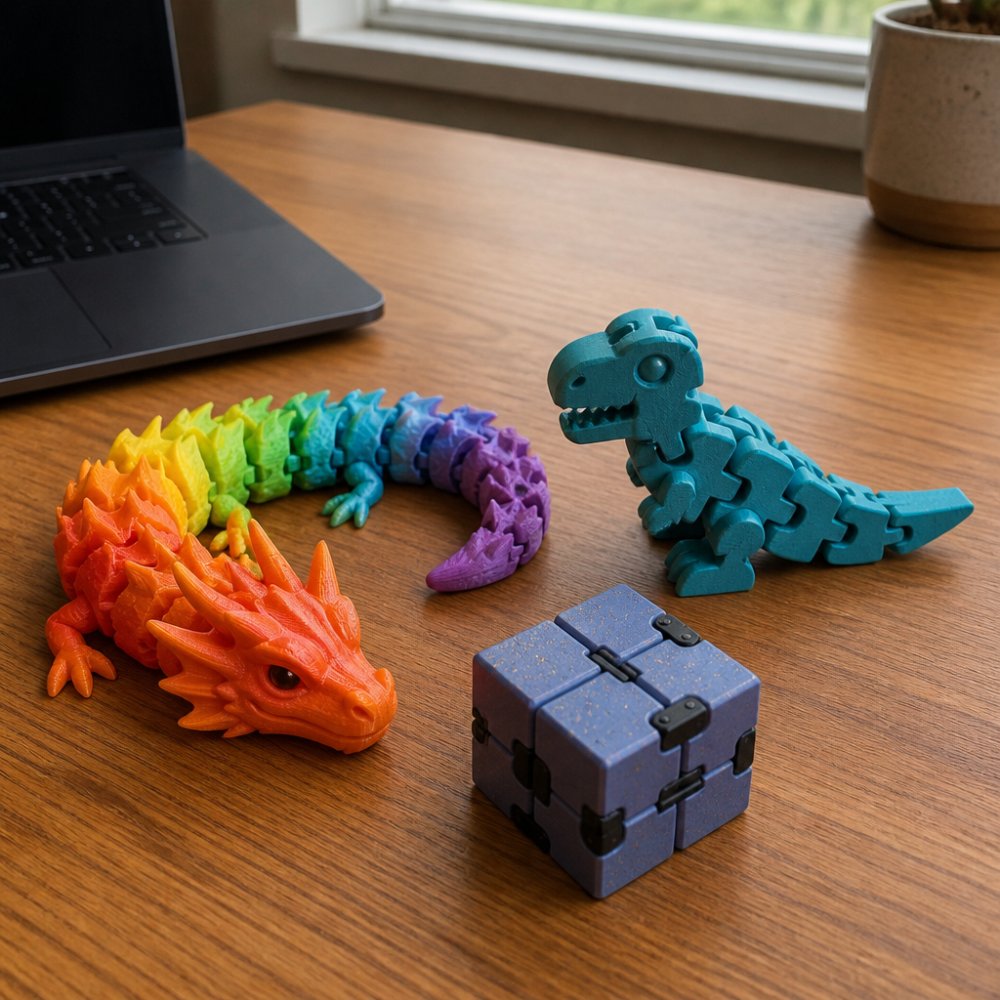 A collection of colorful articulated 3D printed fidget toys, including a small rainbow dragon, a flexi dinosaur, and an infinity cube, arranged on a clean oak desk beside a laptop, with soft natural window light highlighting smooth layer lines