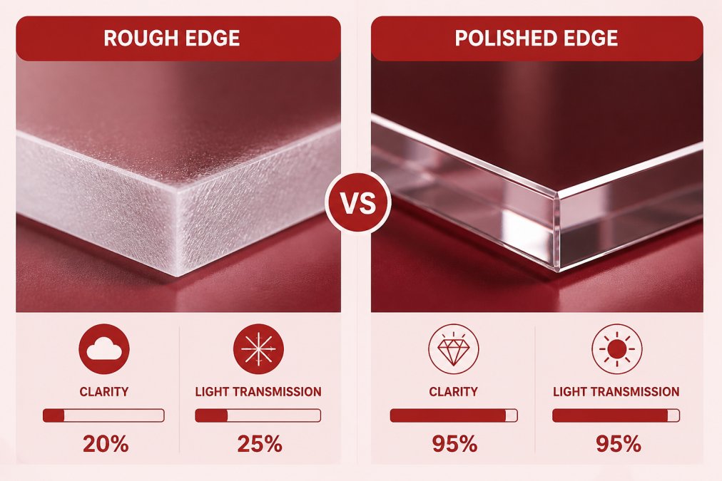Close-up of two acrylic edge samples side by side, one with rough unpolished edges appearing cloudy and frosted, one with smooth polished edges reflecting light clearly, showing dramatic difference in finish quality and light transmission