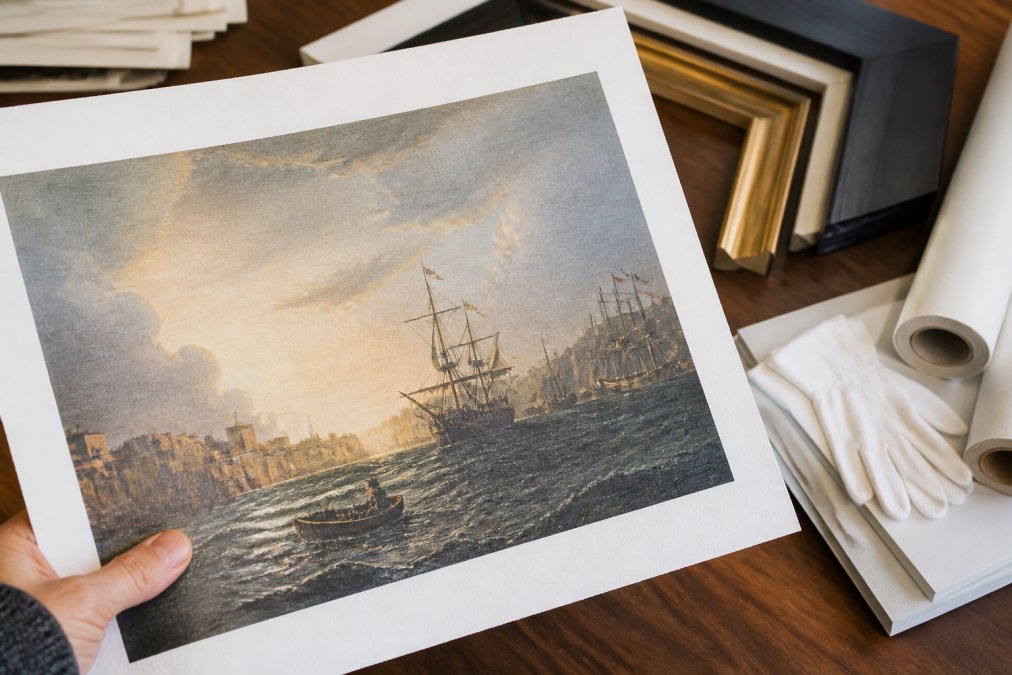 Close-up of a hand holding a museum quality reproduction print, showing texture and colour depth, with archival materials and framing supplies visible on a wooden desk
