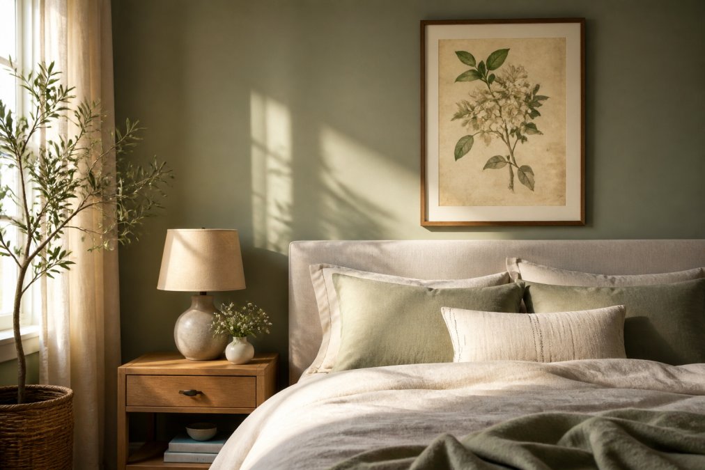 A serene, softly lit bedroom with a framed botanical art print above a linen-upholstered bed, warm morning light casting gentle shadows across a calming sage and cream color palette