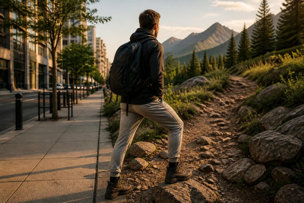A young man wearing a sleek athletic streetwear outfit with joggers and a performance hoodie, stepping from a city sidewalk onto a mountain trailhead, backpack and hiking boots visible, late afternoon light
