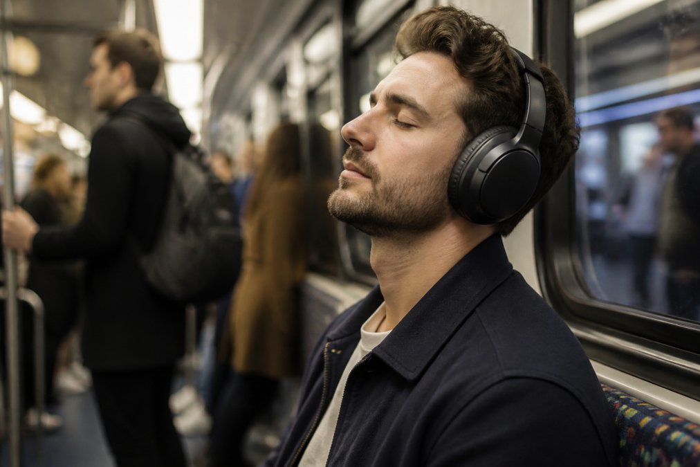 A commuter wearing over-ear noise cancelling headphones on a busy train, looking relaxed while other passengers blur in the background