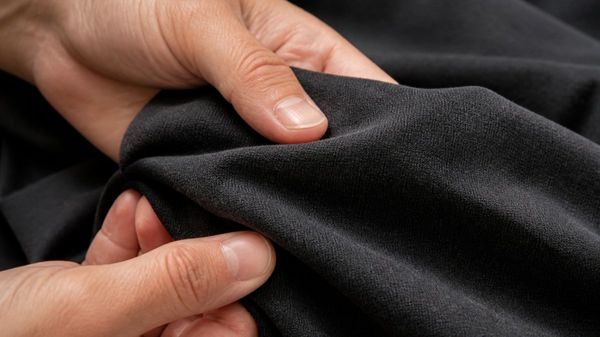 Close-up of heavyweight ring-spun cotton fabric texture showing the tight weave and soft, broken-in surface with hands gently feeling the material