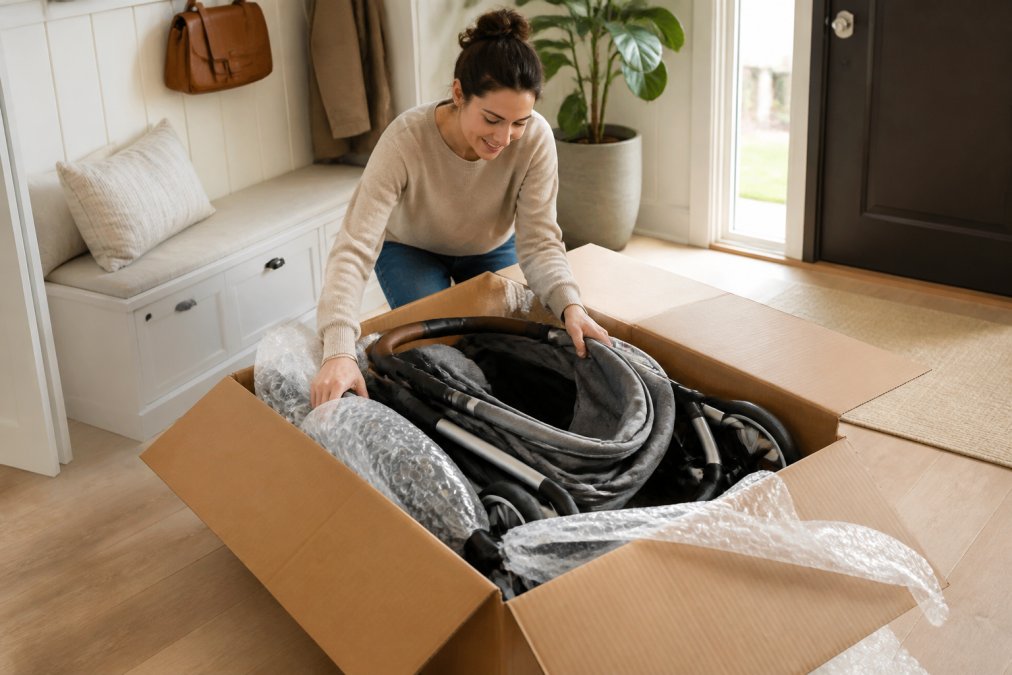 A parent in a bright home entryway opening a large cardboard box containing a stroller, with packing materials and a delivery label visible on the box