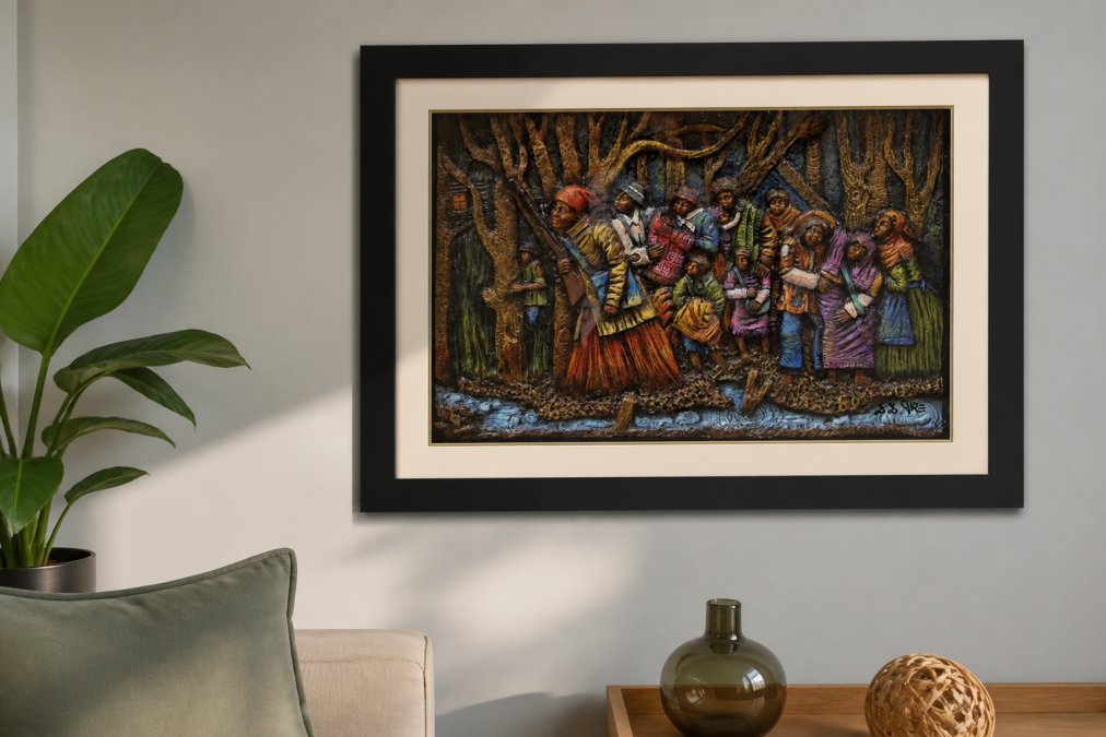 Framed Black art print hanging on a light gray living room wall, showing rich jewel tones and fine detail with warm natural light illuminating the artwork and casting subtle shadows