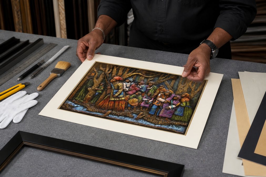 Hands of a framing professional carefully positioning an acid-free archival mat around a vibrant Black art print, with professional materials and tools visible on the workbench under bright studio lighting