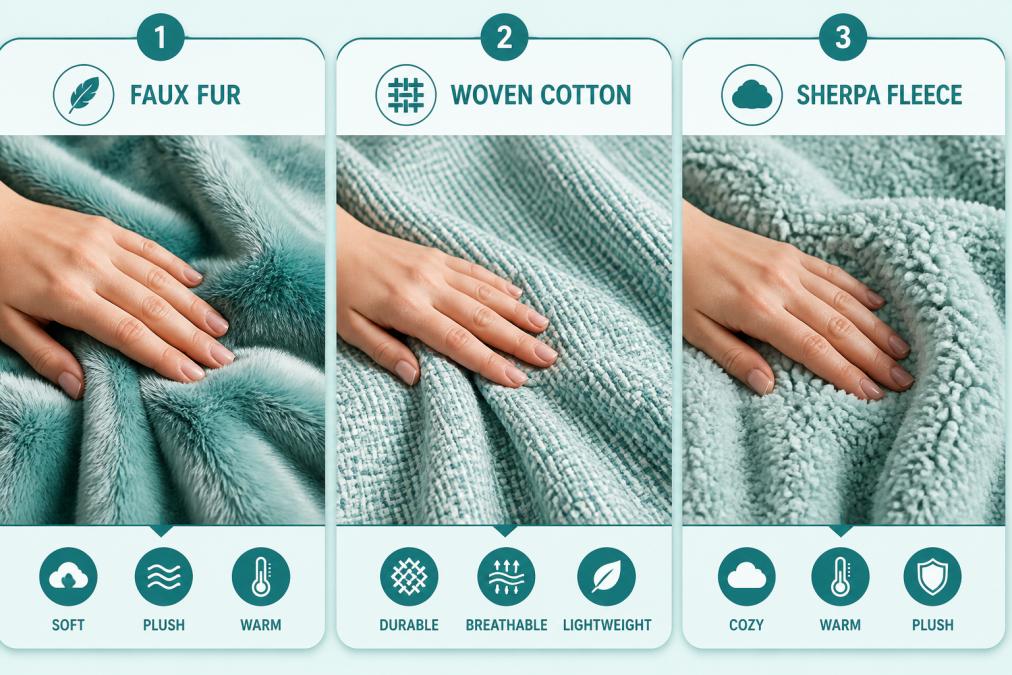 Close-up of hands touching different blanket textures side by side, faux fur softness, woven cotton weave detail, and sherpa fleece pile, in natural daylight showing the distinct material qualities and tactile differences