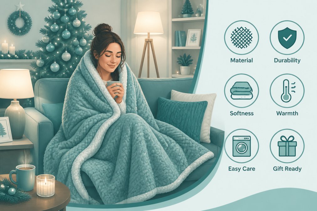 Person wrapping themselves in a cozy blanket on a comfortable couch with holiday decorations visible in the background, warm lighting from nearby lamps, showing the comfort and warmth that blankets provide