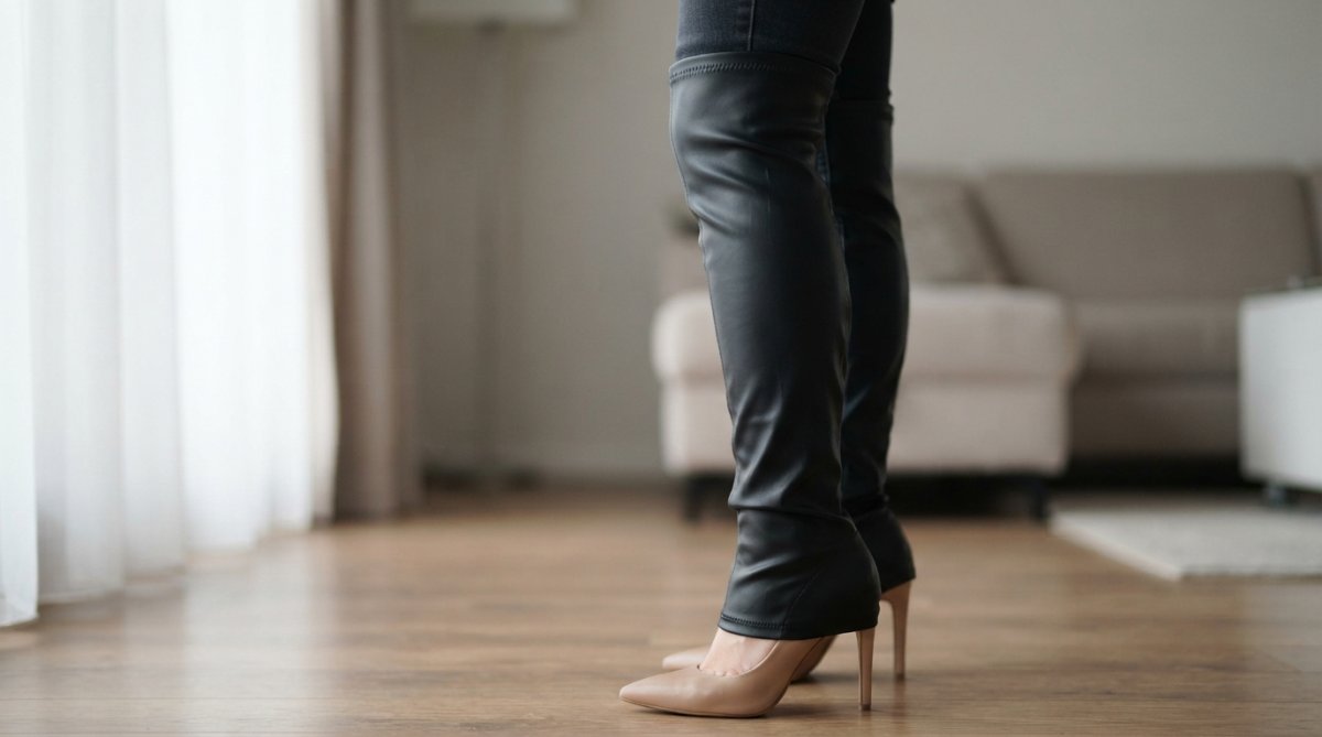 Woman wearing a nude pump with a black stretch faux leather boot sleeve pulled up over it, showing the transformation from heel to thigh-high boot silhouette, photographed from the side against a neutral background with natural window lighting