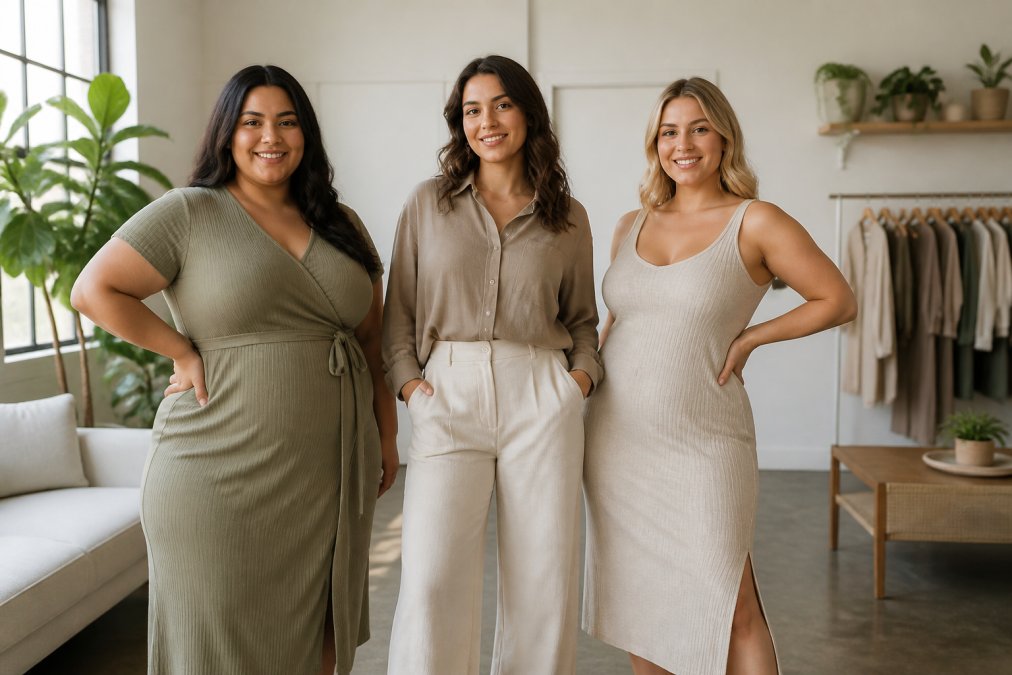 Three women of different body types and sizes wearing stylish boutique outfits in muted neutral tones, standing together in a bright modern space with white walls and natural light, all looking confident and relaxed