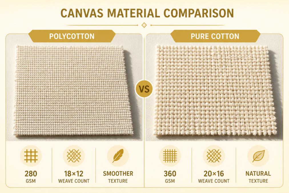 Two canvas swatches positioned side by side on a neutral surface, showing the visible weave texture difference between polycotton and pure cotton under natural daylight, with fine detail visible in the fabric structure