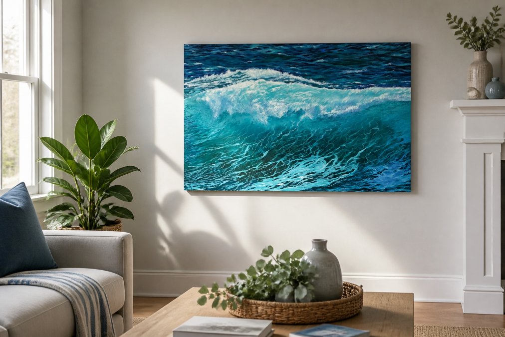 A finished high-quality canvas print hanging on a living room wall with warm natural daylight streaming across it from a nearby window, showing vibrant colour reproduction, sharp image detail of a coastal landscape, and the solid wooden frame construction clearly visible