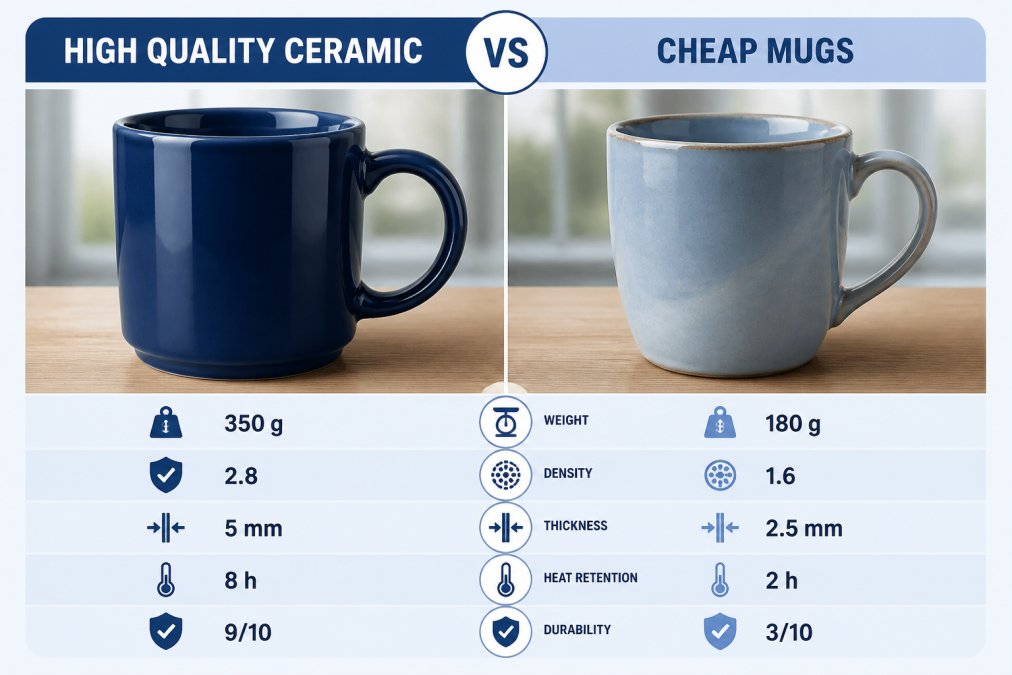 Side-by-side comparison of two mugs on a wooden table: one dense, glossy, heavy mug with a clean rim next to a lighter, duller mug with a slightly uneven glaze. Natural window light, shallow depth of field