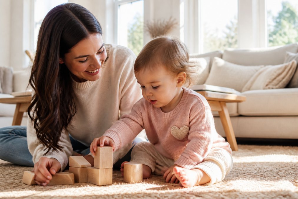 A mother and toddler playing in a sunlit living room, the child wearing a soft pink cotton sweater with visible quality stitching and a chenille patch, natural window light highlighting the fabric texture