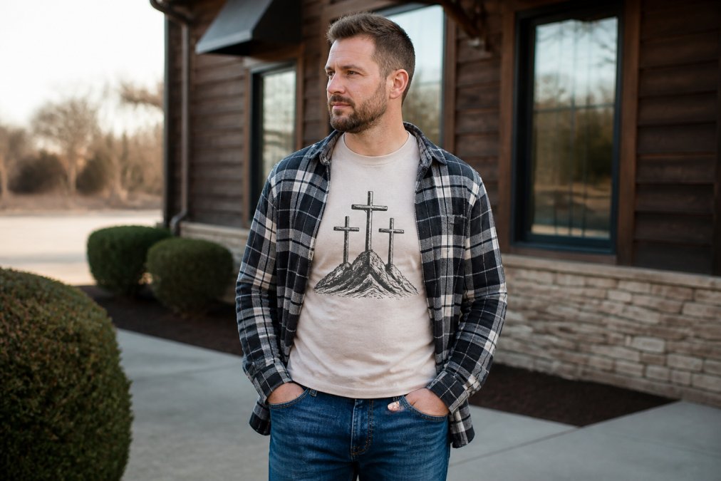 A man in his 30s wearing a heavyweight cotton Christian graphic tee layered under an open flannel shirt, standing casually outdoors in natural daylight, relaxed confident posture