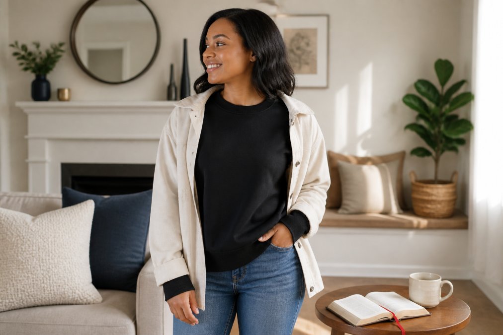 Infographic showing tips for styling christian clothing for daily wear and special occasions with a woman in a sweatshirt.
