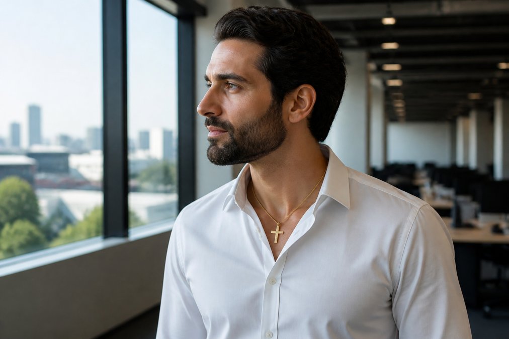 Man wearing a polished gold cross pendant necklace visible above a crisp white button-up shirt, standing in a modern office environment with natural window lighting, showing how religious jewelry appears in professional settings