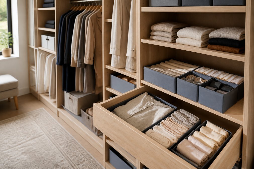 A neatly organized walk-in closet with hanging clothes on rods, folded items on shelves, and drawer organizers visible in open drawers, showing efficient vertical and horizontal space use with natural lighting