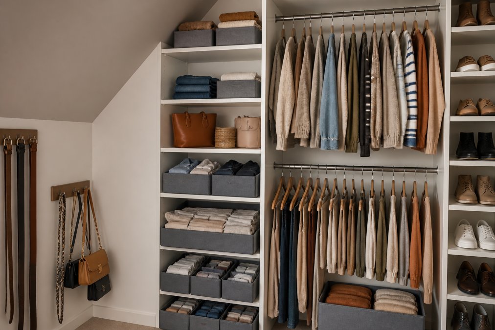 A compact reach-in closet with sloped ceiling using vertical space with stacked shelves, wall-mounted organizers, multi-tiered hanging rods, and space-saving hangers efficiently organizing clothing and accessories