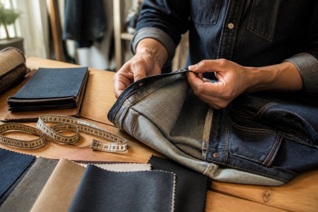 Close-up of hands inspecting denim stitching to identify quality craftsmanship beyond luxury markups.