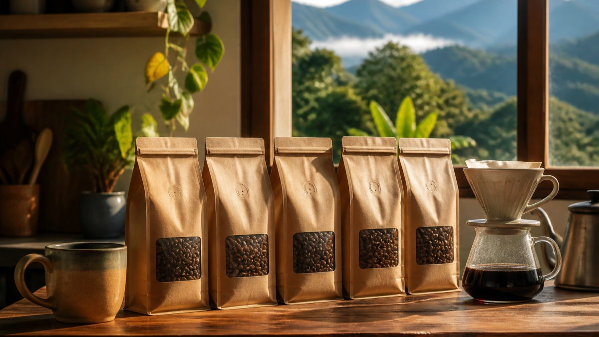 A warm kitchen counter scene with five different bags of Tinto Coffee Roasters beans arranged in a row, a ceramic mug and a pour-over dripper nearby, natural morning light